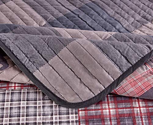 Rugs 4 Less Rustic Log Cabin Lodge Quilted Grey Charcoal Deep Red Reversible Plaid Bear Patchwork Bedspread Coverlet Bedding Set thumb #2
