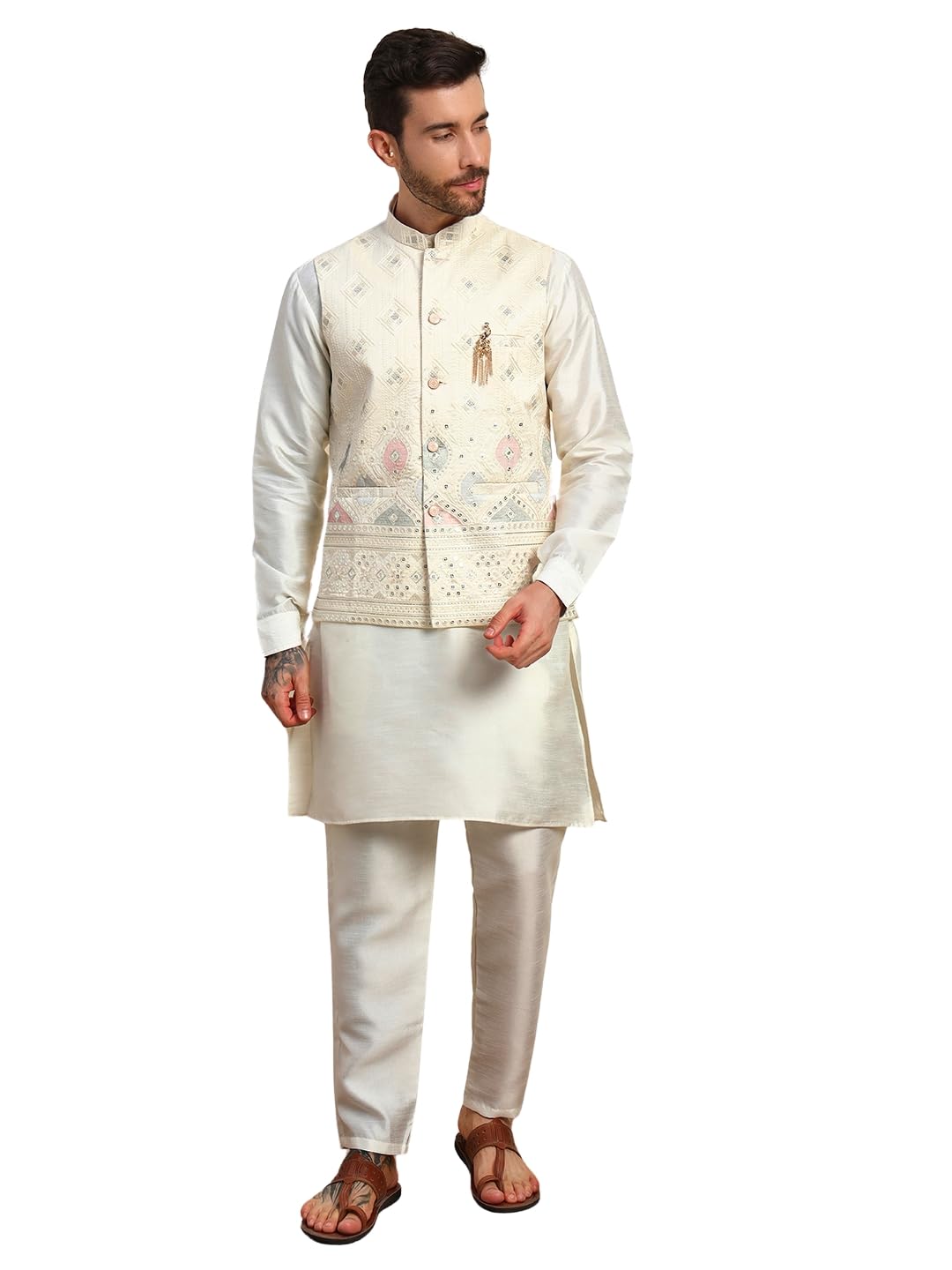 Photo 1 of Pro-Ethic Style Developer Mens Heavy Cotton Silk Sequence Kurta Trouser Set With Waistcoat (Nehru Jacket) (C-118) Cream Large