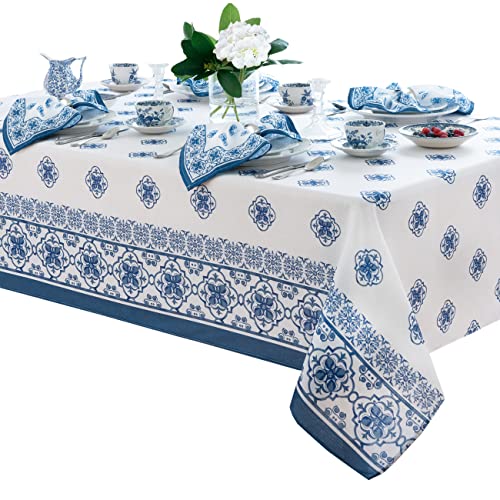 Newbridge Rectangle Fabric Tablecloth, 52 x 70 Inch, Mykonos Blue Mediterranean, Indoor Outdoor Stain Resistant No-Iron Table Cloth, Blue Tile Border - Image 4