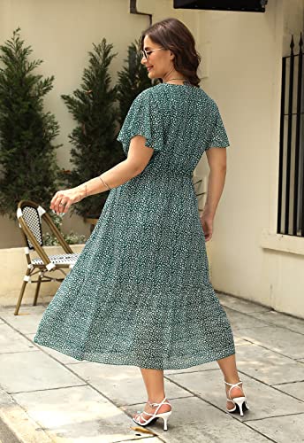 Image of Nemidor Plus Size Women Casual Maxi Dresses Print Bobo Belted Layered Chiffon Summer Long Dress with Ruffle Sleeve