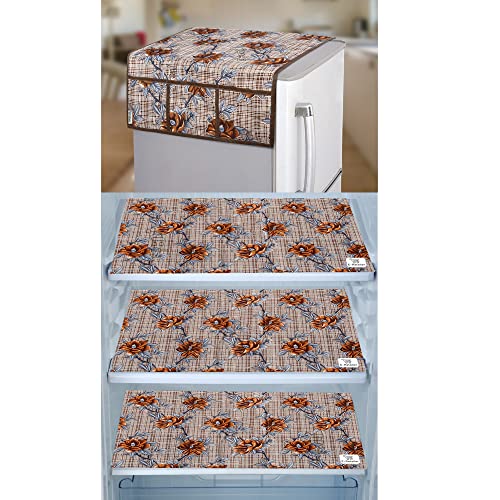 Image of Polyester 3-Layered Fridge Top Cover /Refrigerator Cover With Utility Pockets and Set of 3 Pc Fridge Mats (Color-Check Floral Brown, Size -39x21 Inches)