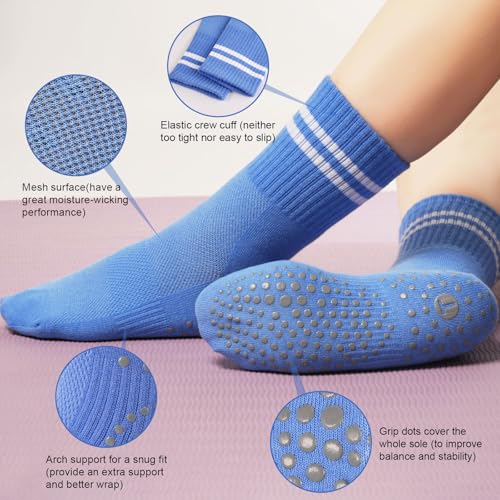 Image of Toes Home Pilates Socks for Women with Non Slip Grippers, Yoga Crew Socks for Barre Hospital Sticky Slipper Socks 4 Pairs