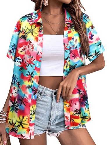 Camisas hawaianas con botones para mujer, de manga corta, estampado floral, cuello en V, informal, para verano, playa, blusas, Varios colores, M
