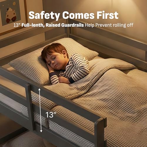 Image of Softa Twin Over Twin Bunk Bed for Kids, Solid Wood Bunk Bed Frame with 13 inch High Guardrails and Ladder, 400 lbs Capacity Total, 11.9 inch Under-Bed Storage, No Box Spring Needed, Gray