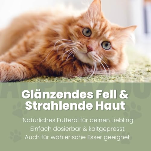 alphazoo Seelenruhe Futteröl für Katzen 250ml - Leinöl kaltgepresst mit Baldrian & Hopfen - Omega-3 Omega-6 Fettsäuren - Futterergänzung ohne künstliche Zusätze - für Tierarzt Umzug Silvester