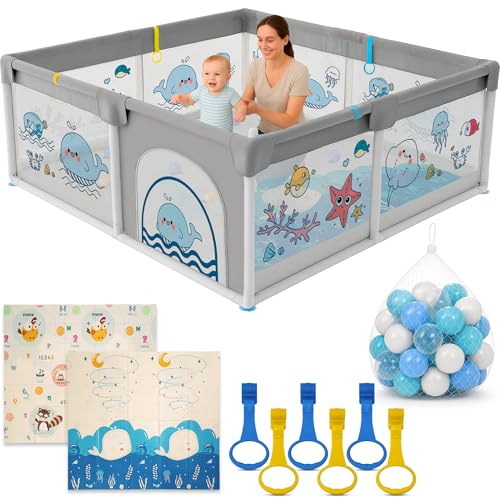 Parque Infantil Bebe 150x180cm + Alfombra Bebe + 60 Bolas + Agarraderas + Bolsas de Transporte – Corralito Bebe con Malla Transpirable – Parque de Juegos Bebe – Playpen Bebe