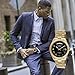 Peugeot 14K All Gold Plated Big Face Luxury Watch with Day Date Windows, Roman Numerals & Coin Edge Fluted Bezel Watch