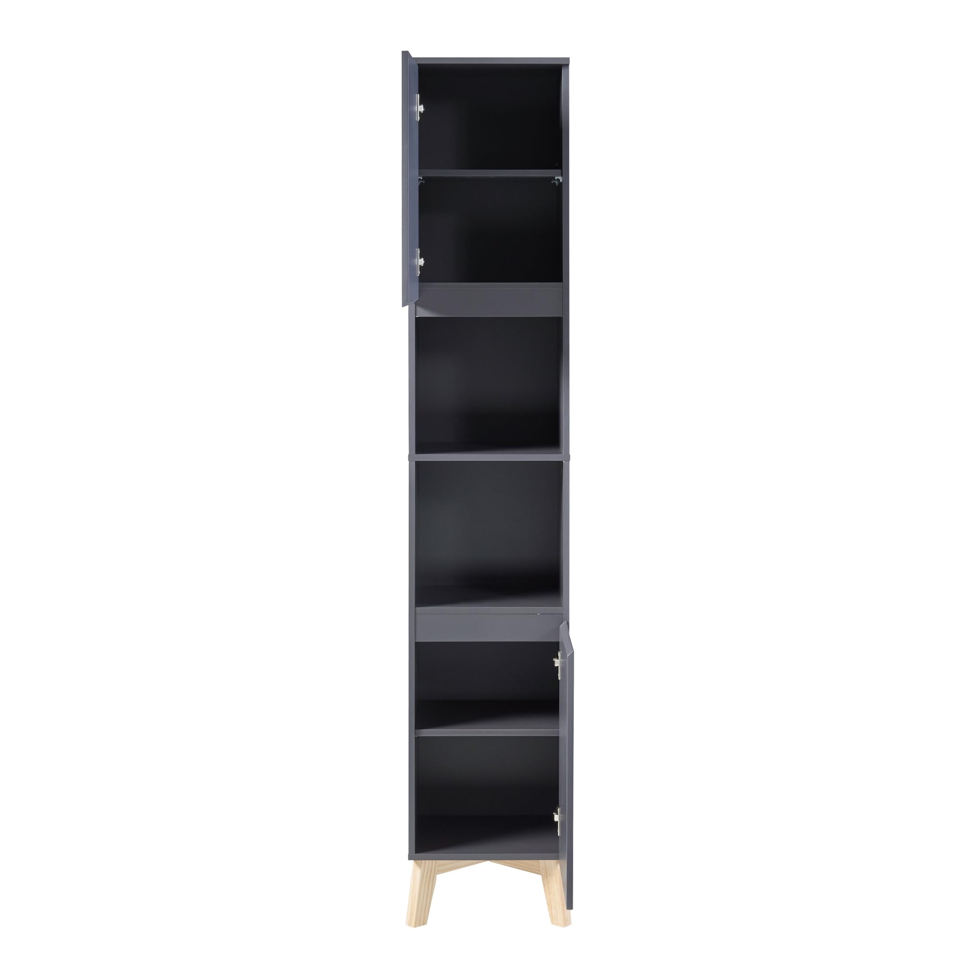 [en.casa] Columna de Baño con 2 Compartimetos Abiertos y Cerrados Armario Alto Mueble Auxiliar Baño con 2 Puertas MDF + Aglomerado Patas de Pino 160 x 30 x 30 cm - Gris y Color Madera