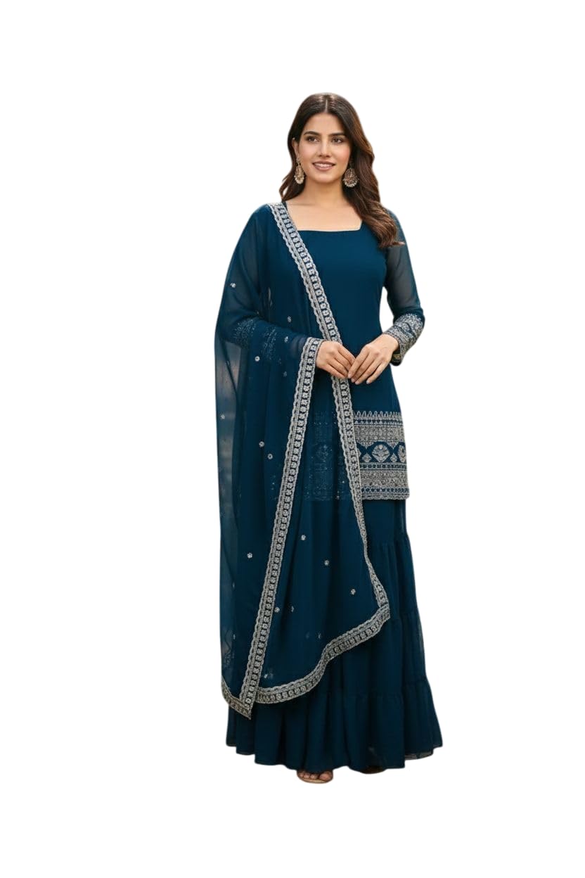 parrot creation Parrot Women's Faux Georgette Sharara Suit Set with Heavy Embroidery Work-picture-23