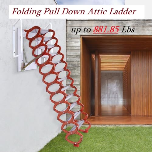 Attic Ladder Pull Down System, 12 Steps Attic Stairs Folding Pull Down Attic Ladder for 9.5-10.17 Ft Height, Wall Mounted Attic Pull Pown Door up to 881.85 Lbs for Home
