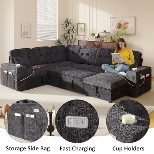 Image of Modular Sectional Sleeper Sofa with Pull Out Bed, 108 Inch U Shaped 7 Seat Couches for Living Room, Chenille Fabric Cloud Couch Bed with Storage, Reclining Backrest, USB Charging, Luxury Black