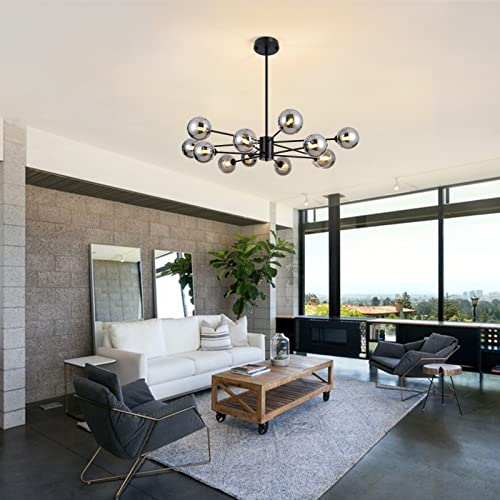 Yiisem Modern Glass Globe Chandelier with Glass Shade, 12-Light Black Sputnik Light Fixture, Magic Bean Hanging Chandeliers Lighting for Dining Room, Living Room, Bedroom, Kitchen - Image 3