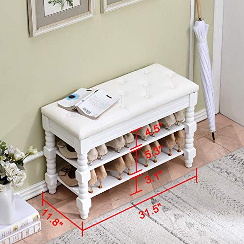 XKZG Shoe Bench Wood Storage Bench Entryway Bench Shoe Rack with Soft Leather Cushion (White, 31.5\")