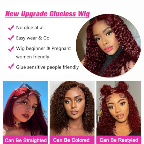 Image of Srakuw Wear and Go Glueless Wigs Human Hair Pre Plucked Pre Cut 99j Burgundy Lace Front Wigs for Black Women 180 Density Water Wave Bob Wig Colored Human Hair Curly Wig (99j Burgundy Color, 12 Inch)