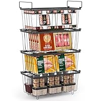 Carastek 4PCS Cestini per Congelatore Impilabili con Maniglia Cestelli per Congelatore 37x18x15cm Cestini Congelatore a Metallica Robusto Resistente per Organizzazione Alimenti in Congelatore (Nero)