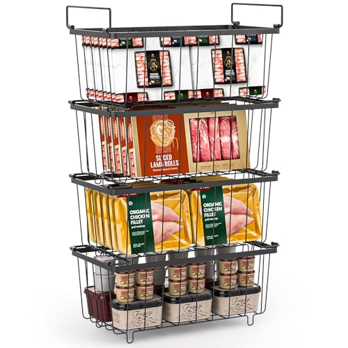 Carastek 4er Gefrierschrank Organizer Stapelbare Gefrierkörbe aus Metall Gefriertruhe Korbe mit Boden und Griffen Gefriertruhe Ordnungssystem Platzsparend für 215L Truhengefrierschränken(37x18x15cm)
