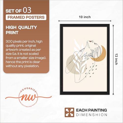 Image of NoWorries Minimalist line art wall Framed Painting Set of 3 | Abstract woman face Prints with Frame | Boho neutral wall decor modern gallery wall set | Scandinavian art prints feminine line drawing | Beige Aesthetic living room, bedroom and office decor contemporary wall art (Art-16, 10x13inch, Wooden)