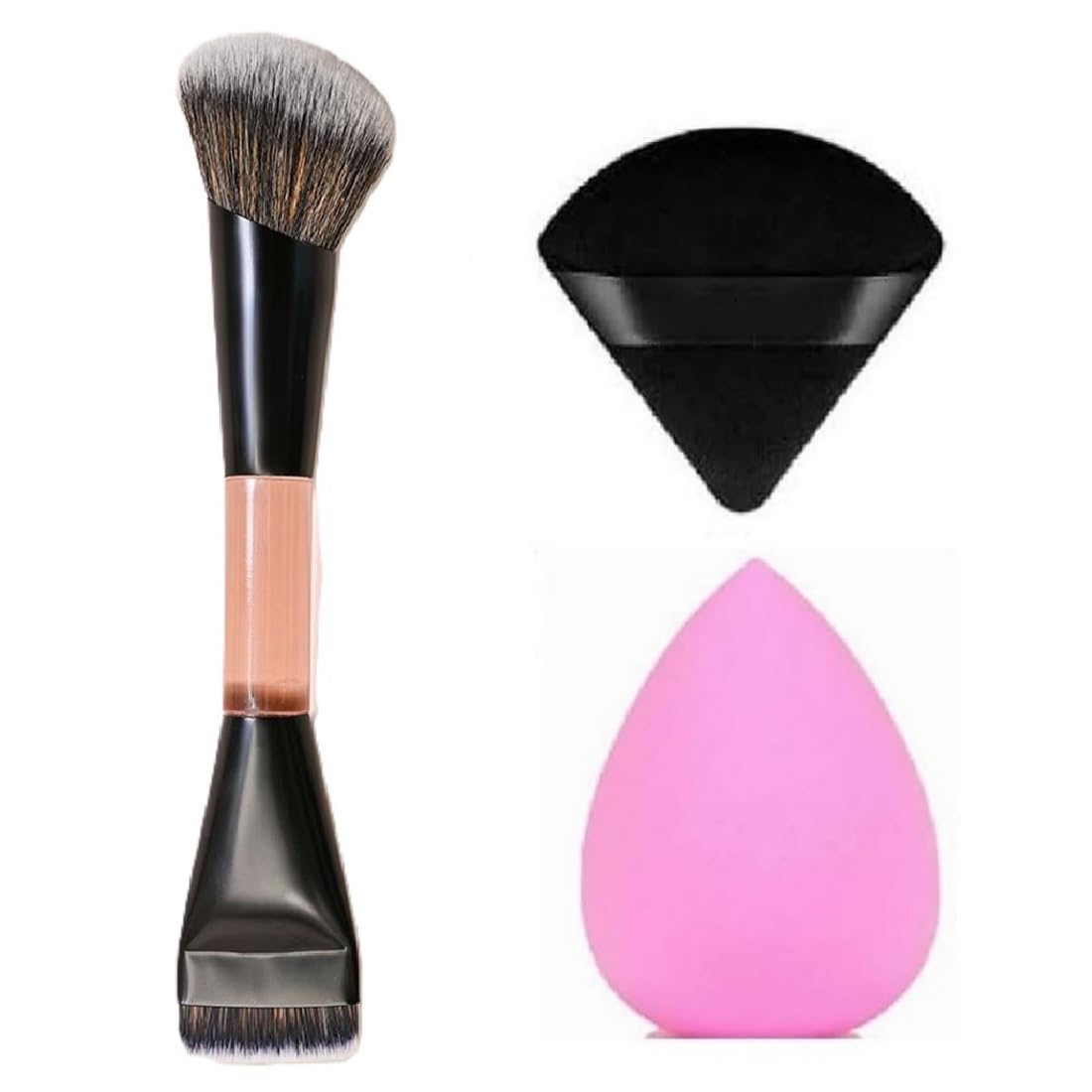 Ultra Soft Bristles Double Ended Foundation Makeup Brush With Big Sponge & Pizza Puff (Set Of-3)-image-36