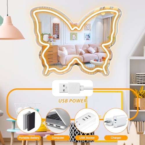 Image of Butterfly Neon Sign Mirror, LED Neon Signs for Wall Decor, 15.7'' x 12'' Dimmable Neon Light for Teen Girls & Kids Birthday Party Gift, Neon Sign for Girl Room Decor, Wall Mirror, USB Powered (Warm White)