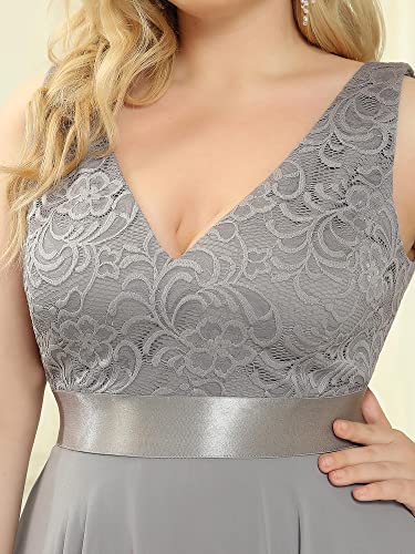 Image of Ever-Pretty Plus Women's V Neck Sleeveless Asymmetric Hem Lace Chiffon Short Summer Plus Size Wedding Guest Dresses Grey US14