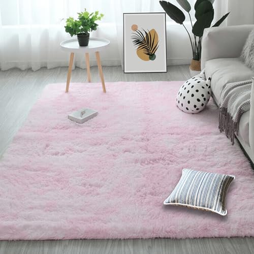 Tapis de salon 210 x 330 cm rose clair | Grand tapis shaggy moelleux moderne
