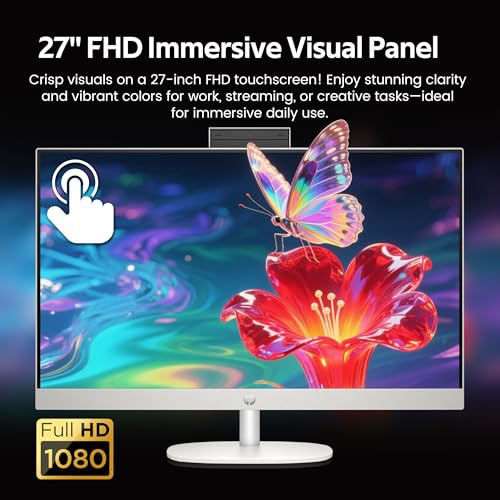 Image of HP 27 inch FHD Touchscreen All-in-One Desktop, AMD Ryzen 5 7520U, 16GB LPDDR5, 3TB Storage (2TB SSD&1TB Docking Station), FHD IR Camera, Wi-Fi 6, Wireless Keyboard & Mouse, Windows 11 Pro, White