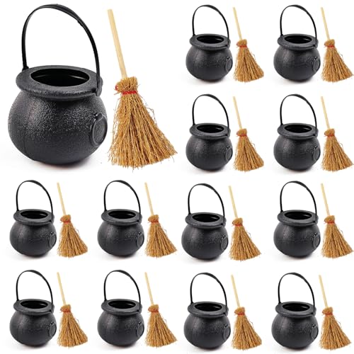 ROYHOO 24PCS/Set Mini Plastic Cauldron with Mini Witch Brooms Witch Calderon Pot Black Buckets with Handle for Kids Halloween Candy St. Patricks Coins Holder & Party Favors(12 Cauldrons +12 Brooms)