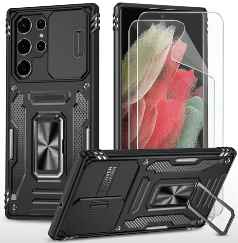 CLYDITE Coque pour Samsung S22 Ultra étui avec Films de Protection d'écran [2 Pièces] Support magnétique Armure Robuste Antichoc Silicone avec Couvercle de caméra Coulissant Bumper-Noir