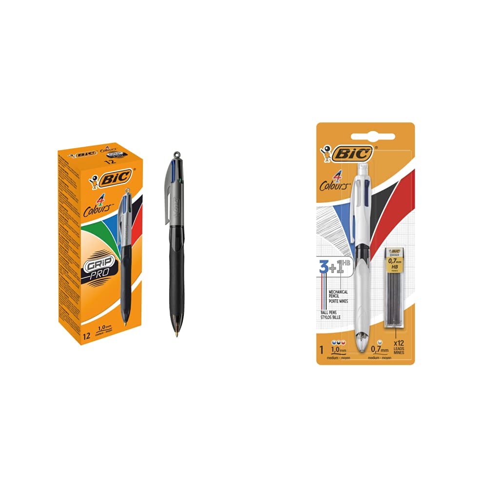 BIC 4Colori Grip Pro, Penna A Sfera A Scatto, Punta Media & 4 Colori Multifunzione Penna A Sfera A Scatto, Ottimi Per La Scuola,3 Colori + 1 Matita Meccanica