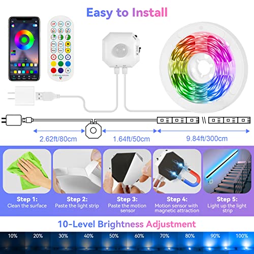 Motion Sensor Led Light Strip, 2X9.8Ft Rgb Led Strip Lights With Stay On,Motion Activated,Night Sensor 3 Modes,Remote,App Control Music Sync Color Changing Under Cabinet Lights For Bed Closet Stair Tv #TOP6