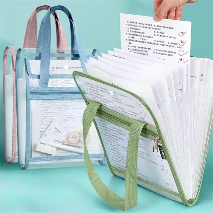 Image of A4 Vertical File Holder Bag with Handle, Transparent Expanding Document Organizer Folder with Zipper Pocket, Plastic File Storage for Office, School, Certificates, Bills & Exam Papers