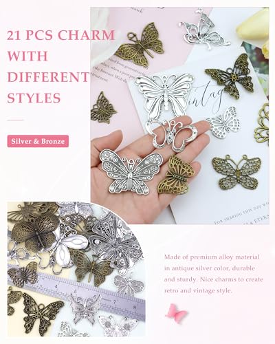 JIALEEY Big Butterfly Charms Pendants DIY for Necklace Bracelet Jewelry Making, 21 PCS Mixed Bronze and Silver Craft Supplies