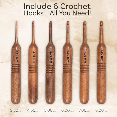 Image of Rosewood Yarn Bowl with 6 Crochet Hooks for Knitting Crochet