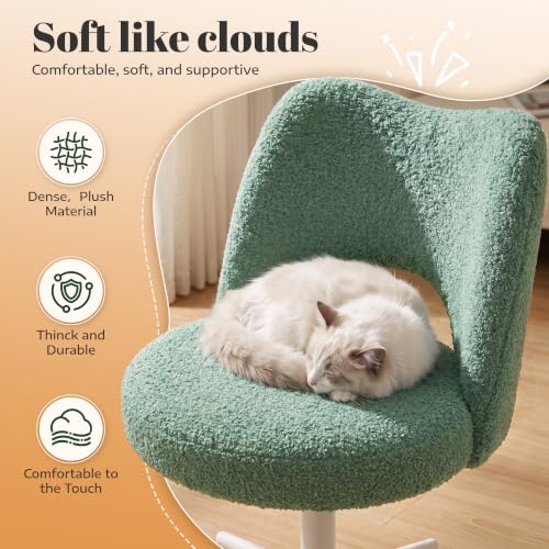Image of DurayLoly Vanity Chair with Wheels,Open Back,Armless,Green | Soft Teddy Fabric, 6 inch Thick Cushion, Height Adjustable, 300 lbs, 360 Swivel for Vanity Table, Home Office