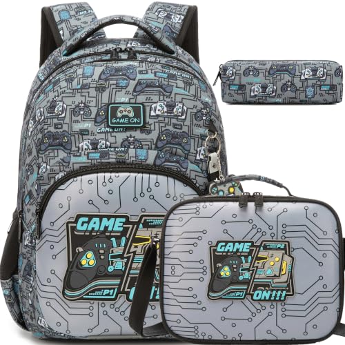 ZBAOGTW Mochila escolar para crianças com lancheira para meninas de 8 a 12 anos, mochila escolar para ensino fundamental, A-gamer cinza