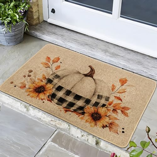 Tapete de calabaza otoñal, tapete de calabaza a cuadros beige y negro para entrada al aire libre e interior, decoración de otoño, goma impermeable, antideslizante, absorbe el polvo, fácil de limpiar