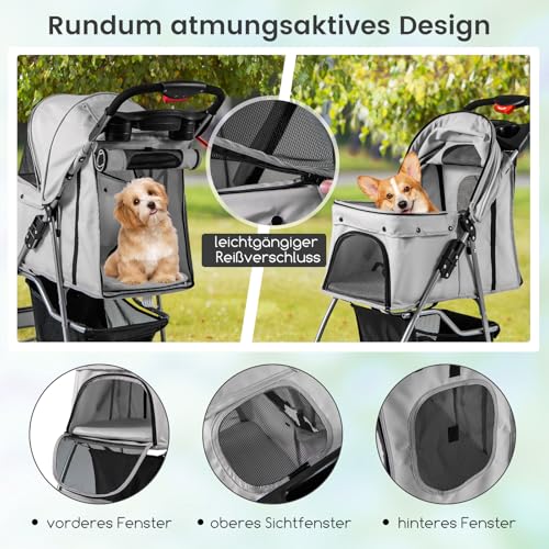 COSTWAY Hundewagen Haustiere Buggy, bis 15 kg, Hundebuggy mit Netzfenstern & Getränkehalter & Korb & Sonnenschutz, Faltbarer Katzenwagen, Katzenbuggy für kleine Hunde Katzen (Grau)