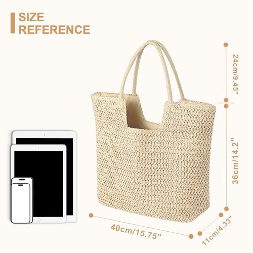 Image of Long Keeper Beach Bags for Women Summer Straw Bag with Zipper Woven Shoulder Handbag Beach Tote Bags for Travel Vacation