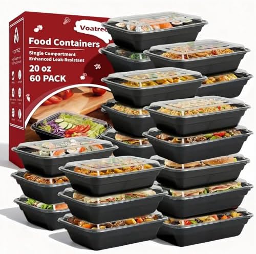 Voatree 60 Pack 20 oz Meal Prep Containers Reusable, Plastic Food Storage Container with Lids,Leakproof To Go Lunch Boxes, BPA-Free,Freezer, Microwave, Dishwasher Safe Take Out Containers