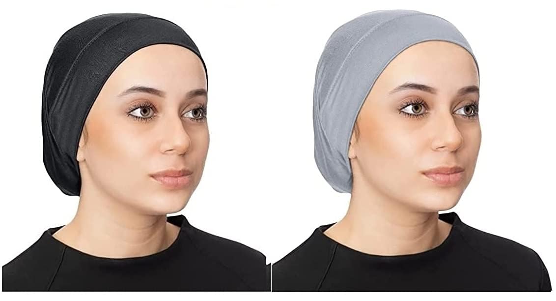 CaiuseWomen's Cotton Ninja Stretch Jersey Coverage Black Hijab Cap Under Head Wrap Under Scarf Head Wraps Headgear Headband Wristband Bandana Hijab Tube Unisex(Pack of 2)