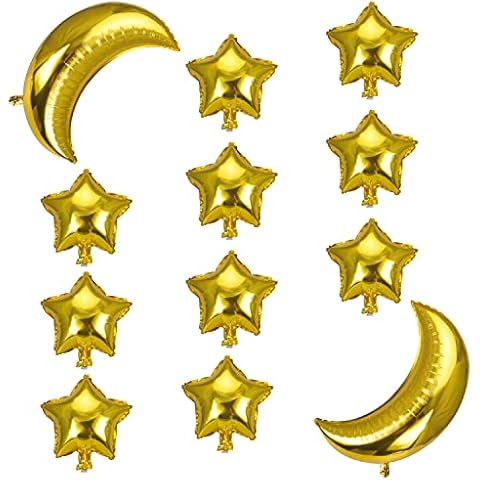 Fvomye 2 Pcs 36 Inch Large Moon Gold Foil Balloons with 10 Pcs 10 Inch Gold Foil Star Balloons Moon Star Shape Aluminum Mylar Balloon for Birthday Wedding Baby Shower Party Decoration Cover