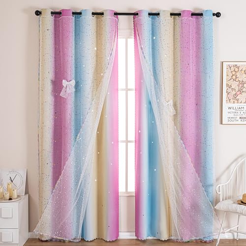 Image of 2-in-1 Double-Layer Kids & Girls Unicorn Princess Ombre Blackout Curtains with Foil Print Sheer, 2 Panels Set for Bedroom, Nursery, Living Room - Yellow Purple Blue, 34W x 63L