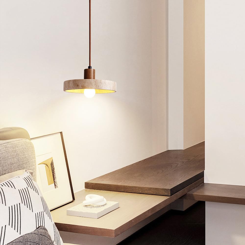 Luminaire suspendu rond, îlot de cuisine, lampe à suspension en pierre de grotte jaune, tasse en bois, éclairage de plafond suspendu long et réglable, lustre rétro Wabi Sabi en travertin jaune, lampes