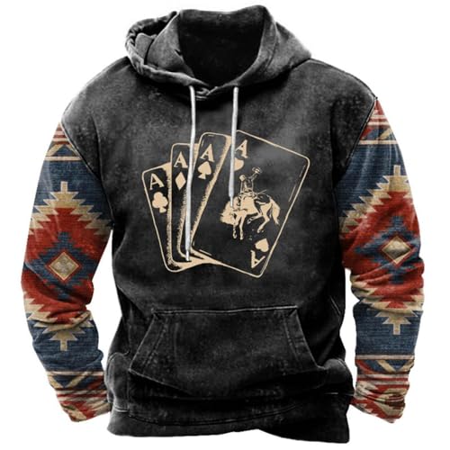 HOTYD Men's Cowboy Hoodie Sweatshirt Vintage Western Jacket for Men Casual Long Sleeve Drawstring Pullover with Pocket