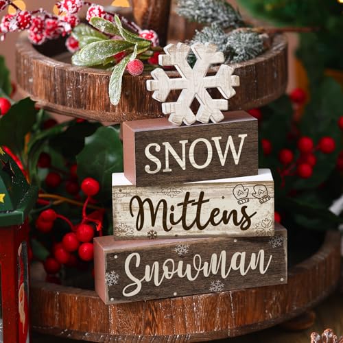 Image of Moucuny 4 Pcs Winter Table Decorations Wooden Snowflake Decor Christmas Tiered Tray Decor Rustic Decorative Snowflake Block Sign Gift Winter Table Centerpiece for Wonderland Party Home Kitchen