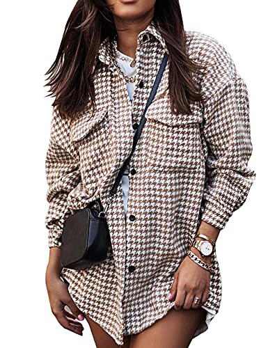 Yimoon Plaid Jacket Women Casual Houndstooth Jacket Flannel Shacket Loose Long Sleeve Shirt Button Down Shacket with Pockets