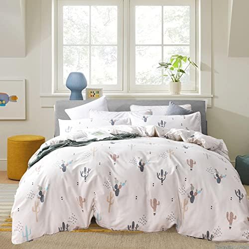 Bobode Queen Cactus Duvet Cover Full Cotton White Floral Duvet Cover Modern Botanical Cactus Bedding Set Zipper Closure,Durable Easy-Care,Soft-No Comforter Insert