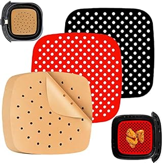 MIOPEN Papier do pieczenia frytkownicy na gorące powietrze, mata silikonowa, 100 sztuk kwadratowych, perforowany papier do frytkownicy, 2 sztuki kwadratowych, perforowana mata silikonowa do frytkownicy na gorące powietrze (21,5 cm)