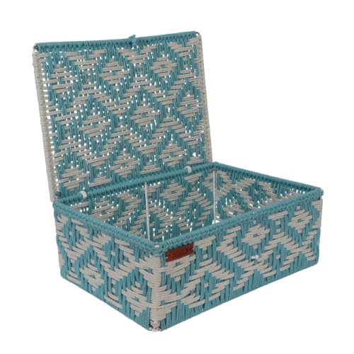 Image of Kaahira Handmade Decorative Storage Box and Organiser | Macrame Gift Hamper Box for Cosmetics, Toiletries & Return Gifts | Aesthetic Rope Woven Organizer (Sky Blue and White, Small - 9x6x4)