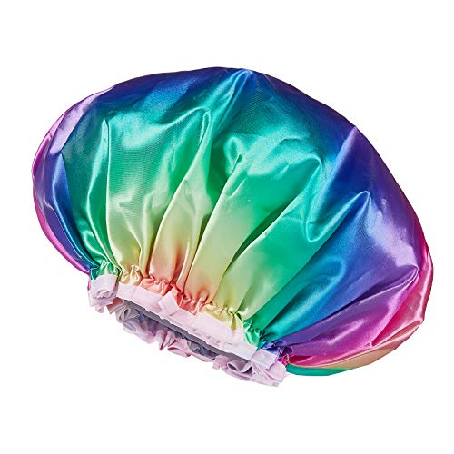Mikimini Rainbow Series Large Shower Cap 1 Pack,Double Waterproof Hair Cap,Soft PVC Lining, Fashionable Flower Printed Shower Caps for Women, Design for Long and Curly Hair Women and Girls(Rainbow-A)
